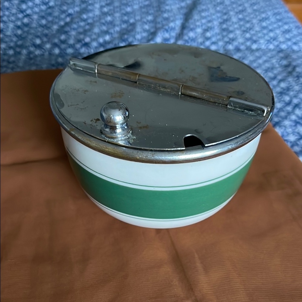 Vintage Bailey Walker vitrified China flip Top bowl. White/green stripe. Rare